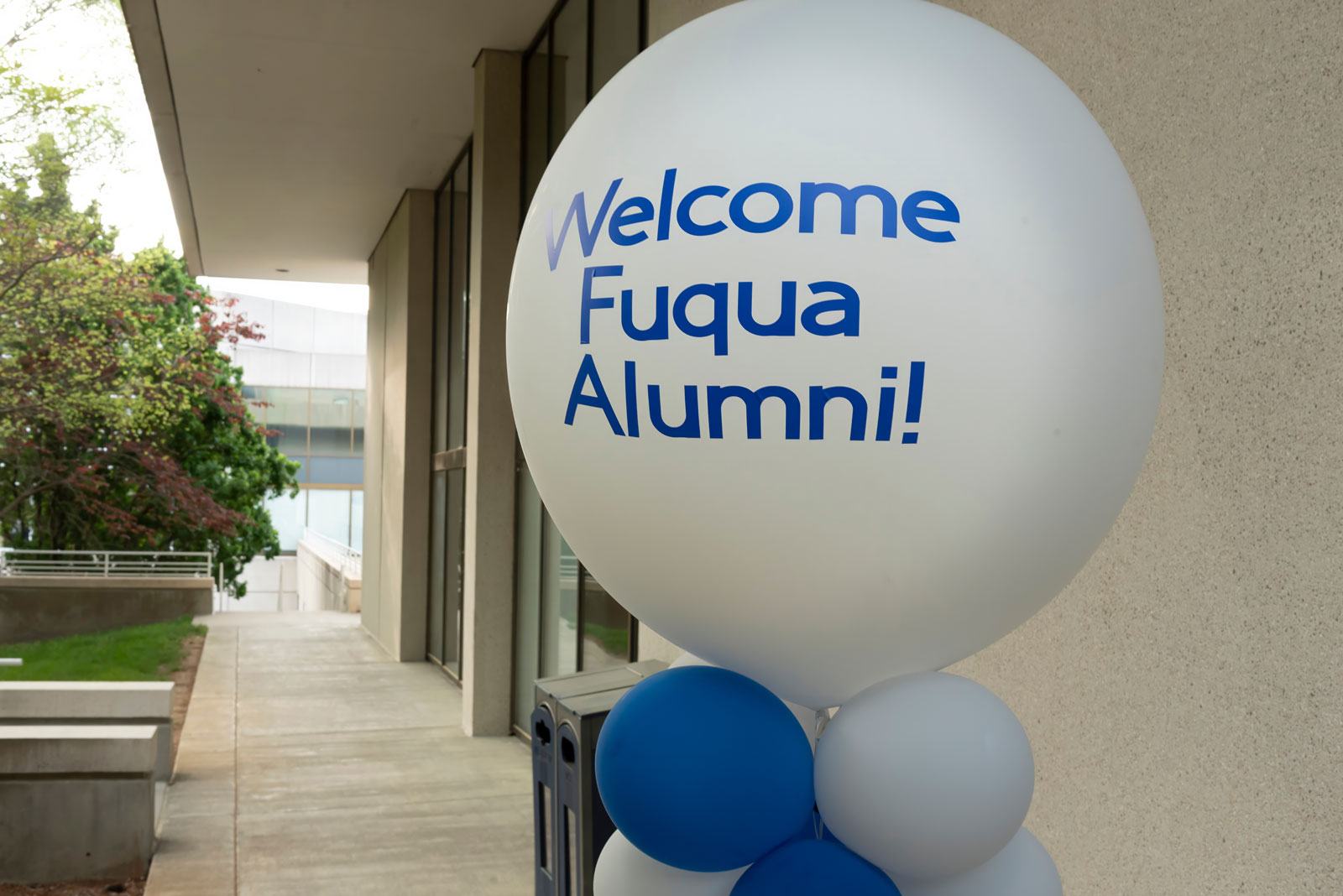 balloon with Welcome Fuqua Alumni printed on it