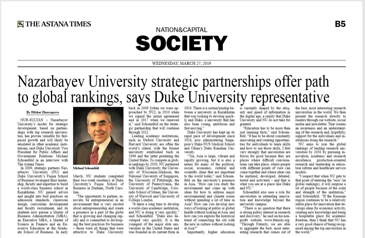 Screenshot of an interview with Michael Schoenfeld in the Astana Times