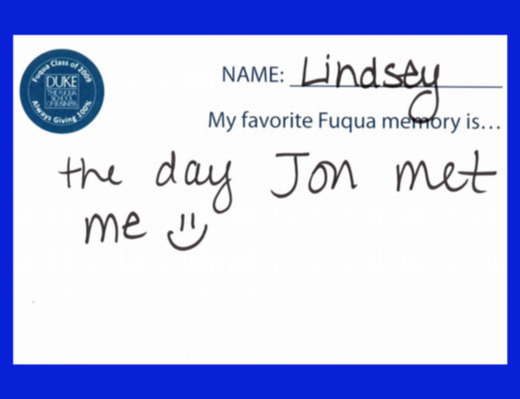Lindsey's note to Jon, "The day Jon met me"