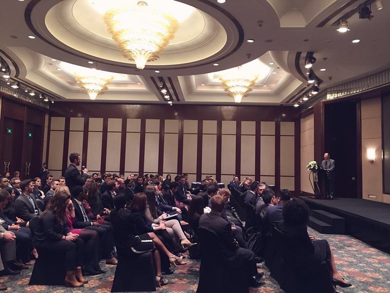Guest speaker Desmond Thio speaking to alumni in Shanghai, China